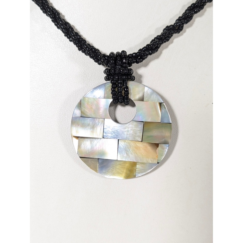 Shell Inlay Round Pendant Black Glass Twist‎ Necklace 18" Coastal Boho